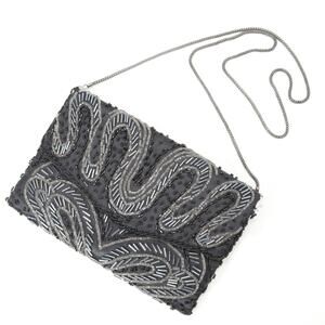 Le Regale Evening Handbag Small Black Silver Beaded Wave Purse Shoulder Bag